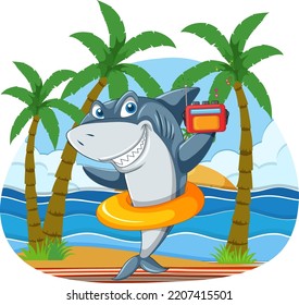 Shark cartoon character relaxing on the beach illustration