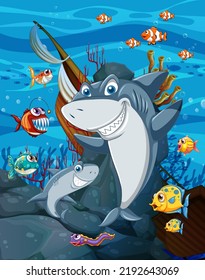 Shark cartoon character underwater scene illustration