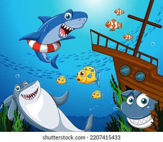 Shark cartoon character underwater scene illustration