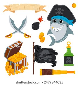 Tiburón. Tiburón de dibujos animados con diferentes elementos piratas sobre un fondo blanco. Pirata en estilo plano. Conjunto de Elementos piratas de dibujos animados para niños.