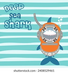Shark cartoon with diving equipment vector illustration on blue background