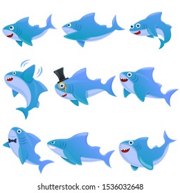 shark cartoon icons set, vector illustration
