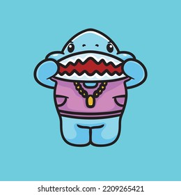 Shark Cartoon Mascot Vector Design Flat Cute Smile Expression Ocean Animals Ocean Fish Undersea Underwater