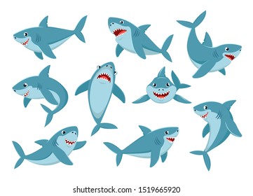 Shark. Cartoon ocean fish character. Comic sharks emotions. Shark fish mascot. Sharks for baby, kids and family.  Vector illustration isolated icons set