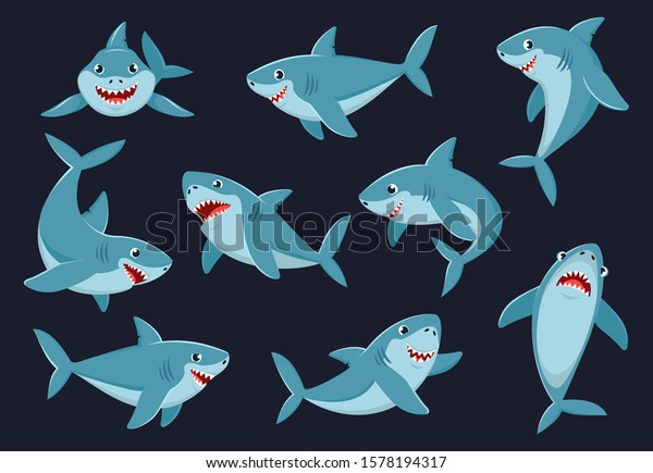 シャーク 漫画の海洋魚のキャラクター コミックサメの感情セット サメの魚のマスコット 子どもや子ども 家族のためのサメ 暗い背景にベクターイラスト アイコンセット のベクター画像素材 ロイヤリティフリー