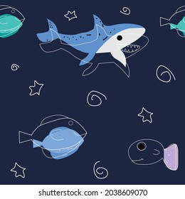 Shark cartoon  Ocean Sea cartoon Seamless Pattern Background Wallpaper Vector Illustration