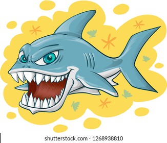 shark cartoon on yellow background . vector illustration