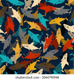 Shark cartoon pattern seamless. Sea predator background. Big fish monster texture. Baby fabric ornament