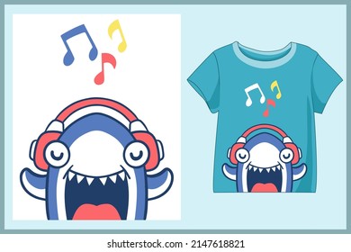 Shark cartoon t-shirt design singing and listening to earphones 