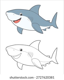Shark Cartoon Vector, Colored and Black Outline Version