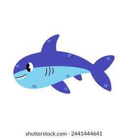 Shark cartoon vector illustration. Hand drawn sea predator art. Sea baby animal with fangs and flipper. Isolated on white background