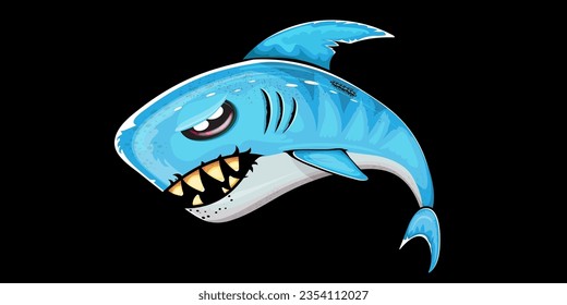 Vector de caricatura de tiburón aislado en el fondo negro. Ataque de tiburón con mandíbulas de dientes grandes. Ilustración vectorial del arte gráfico del tiburón para imprimir en camiseta