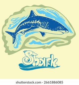 Shark cartoon vectorillustration with shark text on light yellow background