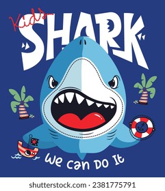 Shark cartoon with we can do it encouraging message on blue isolated background illustration vector.