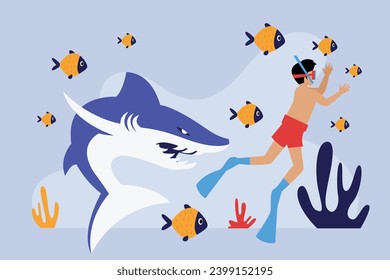 Shark character attacking a male character diving in the ocean