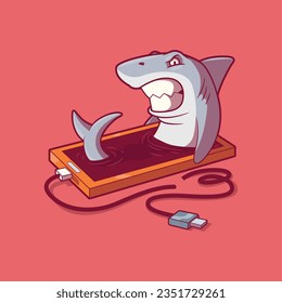 Shark character coming out of a Smartphone vector illustration. Tech, piracy, security design concept.