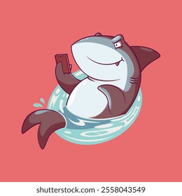 A Shark Character is holding a smartphone vector illustration. Mascot, technology design concept.