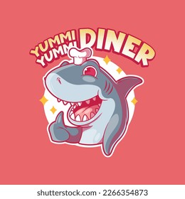 A Shark character mascot dressed as a chef vector illustration. Logo, brand, funny design concept.