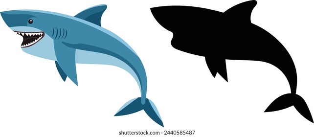 shark character on white background with silhouette, vector