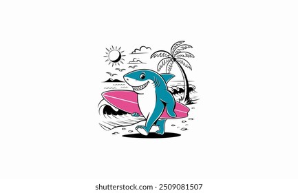 The shark character is walking on the beach carrying a surf board vector design