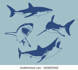 Shark characters of various actions. hand drawn style vector design illustrations.