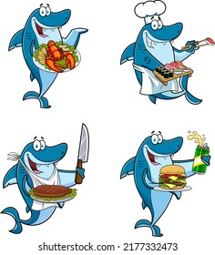 Shark Chef Cartoon Mascot Character Different Poses. Vector Hand Drawn Collection Set Isolated On White Background