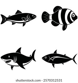 Shark, Clownfish, Tuna, Salmon fish, ocean, animals,sea food, nature, graphic