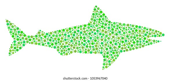 Shark collage of dots in various sizes and fresh green shades. Small circles are composed into shark vector collage. Ecological vector illustration.