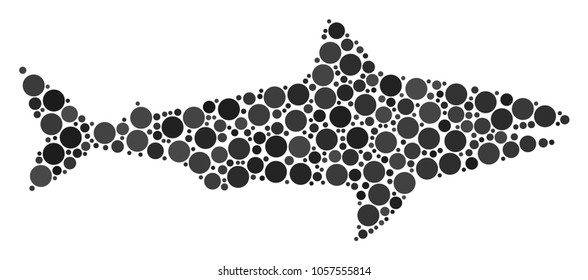 Shark collage of round dots in various sizes and color tones. Circle dots are composed into shark vector illustration. Vector illustration.