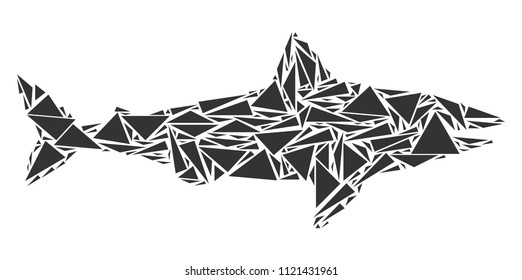 Shark collage of triangle items in different sizes and shapes. Vector polygons are united into shark collage. Geometric abstract vector illustration.