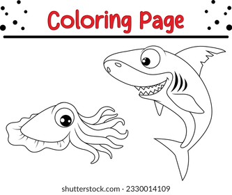 Shark Coloring Page line art Illustration. Sea animal coloring book for kids.
