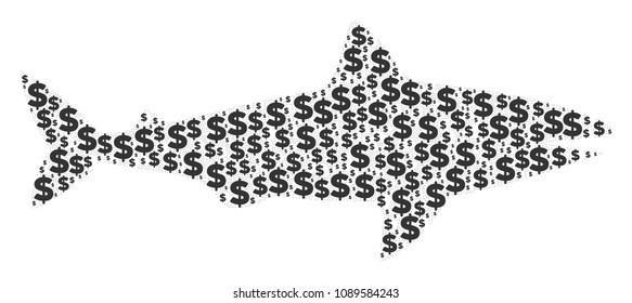 Shark composition of dollar symbols and circle dots. Vector dollar currency symbols are composed into shark illustration.