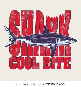 Shark cool bite.Hand drawn vintage label with a shark and lettering. For apparel t shirt fashion design and or other uses
