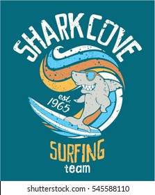 Shark cove surfing team, vector print for children wear grunge effect in separate layer