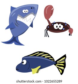 Shark, Crab and  Fish, Sea, underworld