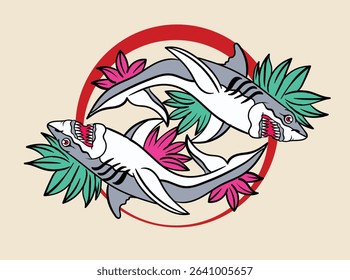 shark and crocodile illustration design for sukajan is mean japan traditional cloth or t-shirt with digital hand drawn Embroidery Men T-shirts Summer Casual Short Sleeve Hip Hop T Shirt Streetwear