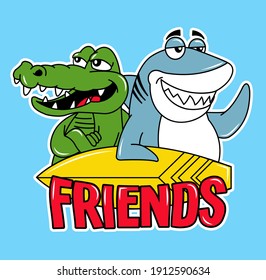 shark and crocodile surfers friends