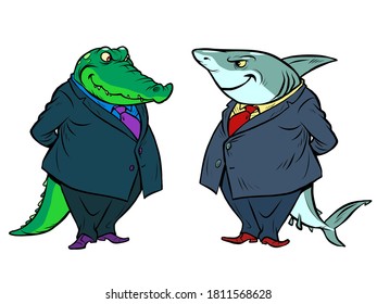 shark and crocodile. two businessmen communicate, business meeting. Comics caricature pop art retro illustration drawing