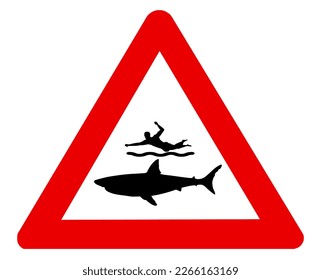 Shark crossing warning road sign. Vector illustration of shark caution traffic sign. Hazard attention red triangle mark.