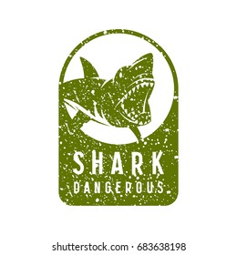 Shark dangerous emblem. Graphic design for t-shirt. Green print on white background