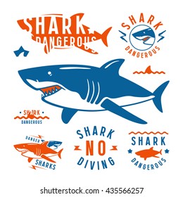 Shark dangerous emblems, labels and design elements. Color print on white background