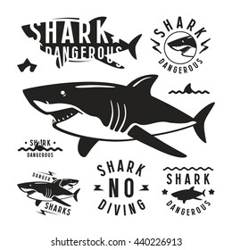 Shark dangerous emblems, labels and design elements. Black print on white background