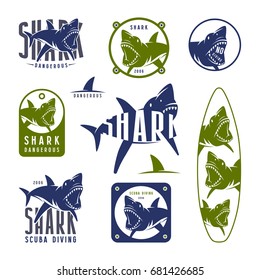 Shark dangerous emblems, labels and design elements. Color print on white background
