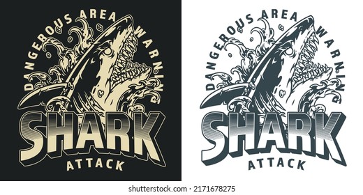 Shark dangerous monochrome vintage flyer warning attack of predator peeking out of water with scars and sharp teeth vector illustration