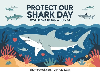 Shark day underwater poster with coral reef and ocean sharks for world shark day july 14 preservation theme