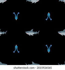 Shark and diver pattern seamless. Hammerhead shark and frogman background. Marine predator texture