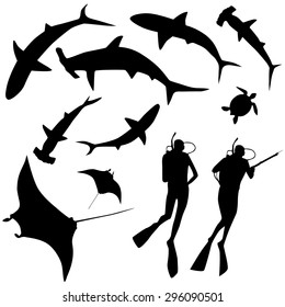 Shark and diver, swimming with sharks - set of design elements