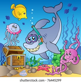 Shark diver with treasure chest - vector illustration.