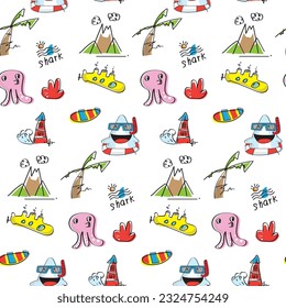 shark diving  hot look pink squid friend fun sea underwater tower submarine bright color seamless white background