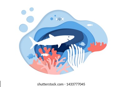 Shark diving.Scuba diving. Paper art coral reefs concept. Paper cut underwater ocean background with coral reefs, fishes, seaweed, bubbles and waves. Vector illustration